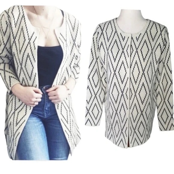 Oliver by Escio Anthropologie Black Cream Geometric Diamond Long Cardigan XL - Picture 2 of 6